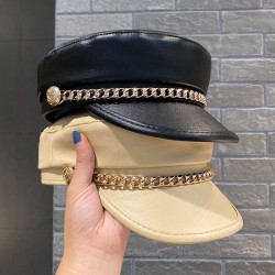 Chained leather beret for women, British retro octagonal hat, Japanese influencer Korean style, versatile PU leather painter hat