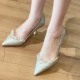Elegant, French-style, black satin, single-strap, closed-toed, stiletto-heeled, pointed-toe sandals for women. Shoes