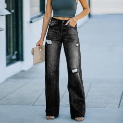 Factory direct sales of fashionable, washed jeans for women, in stock, for foreign trade wholesale. Ripped slim-fitting wide-leg denim trousers