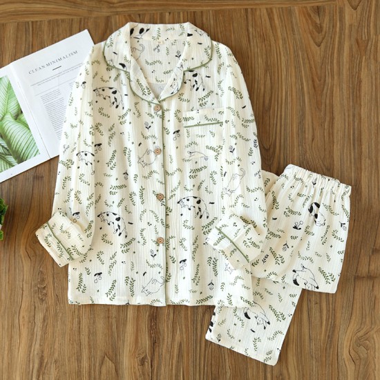 New cotton gauze pajamas for women, spring, autumn, and summer, long-sleeved, all-cotton, thin, simple loungewear set suitable for outerwear New cotton gauze pajamas for women, spring, autumn, and summer, long-sleeved, all-cotton, thin, simple loungewear set suitable for outerwear