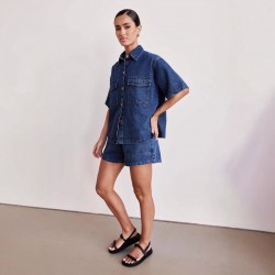European and American Cross-Border Retro Casual Loose Pockets Short-sleeved shirt and shorts denim two-piece set