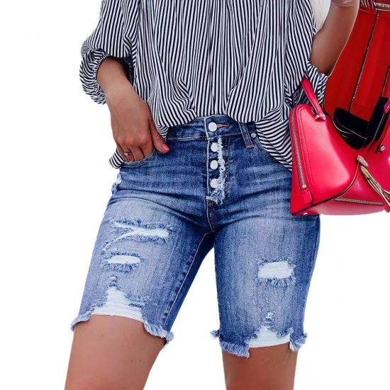 2025 Amazon Cross-Border Slim-Fit Buttoned Denim Shorts: Streetwear Ripped Raw-Edged Skinny Shorts for Women