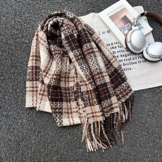 A new cross-border retro plaid scarf for women, versatile and warm for autumn and winter, thickened and dual-use faux cashmere shawl.