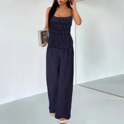 Suspender pleated waisted, slimming dark blue retro wide-leg pants, two-piece suit for women, casual straight pants, versatile set.