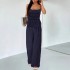 Suspender pleated waisted, slimming dark blue retro wide-leg pants, two-piece suit for women, casual straight pants, versatile set.