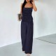 Suspender pleated waisted, slimming dark blue retro wide-leg pants, two-piece suit for women, casual straight pants, versatile set.