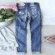 2025 European and American cross-border straight jeans for women, Christmas snowflake print patchwork ripped denim pants in stock