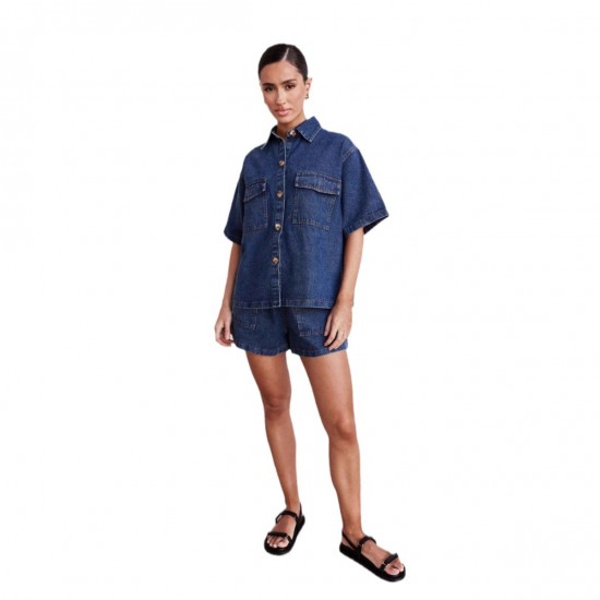 European and American Cross-Border Retro Casual Loose Pockets Short-sleeved shirt and shorts denim two-piece set