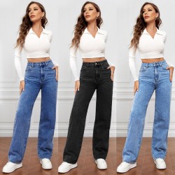 2025 new cross-border European and American high-waisted washed women's jeans, Amazon's fashionable and versatile long straight-leg pants.