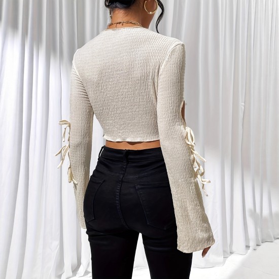 2025 autumn hollow knot side tie flared sleeve T-shirt for women. Knitted, ladylike, slim-fitting long-sleeved top.