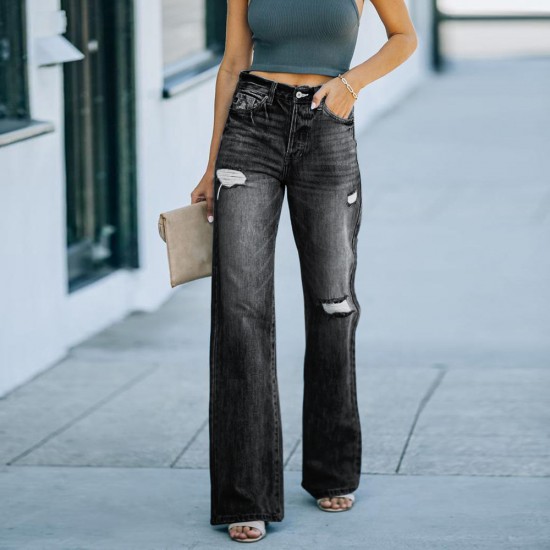 Factory direct sales of fashionable, washed jeans for women, in stock, for foreign trade wholesale. Ripped slim-fitting wide-leg denim trousers