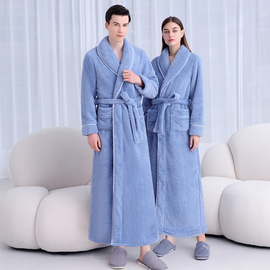 Extra-long nightgown set, autumn/winter, thickened coral fleece with pants, men's, plus-size, plush, plush, women's nightgown.