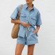 European and American Cross-Border Retro Casual Loose Pockets Short-sleeved shirt and shorts denim two-piece set