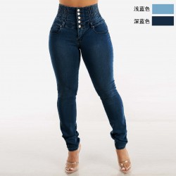 2025 new cross-border European and American style stretch slim-fit jeans for women, button-down, pencil-cut High-waisted, hip-lifting trousers