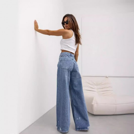 American retro straight-leg ripped jeans for women, European and American cross-border 2025 summer new wide-leg pants for foreign trade