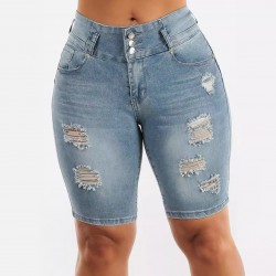 2025 new European and American cross-border high-waisted ripped denim shorts for women, stretchy, slim-fitting, hip-lifting cropped pants in stock