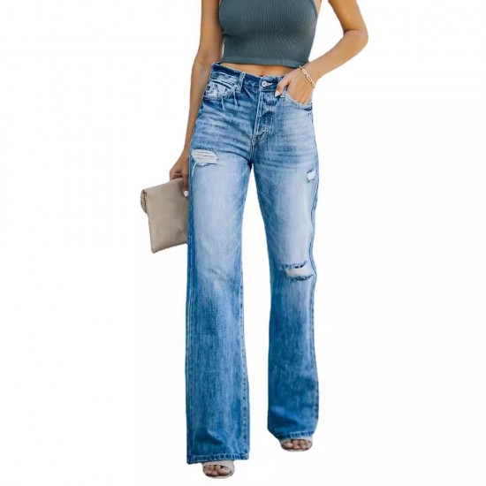 Factory direct sales of fashionable, washed jeans for women, in stock, for foreign trade wholesale. Ripped slim-fitting wide-leg denim trousers
