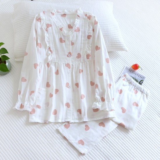 Women's padded pajamas, pure cotton double-layered gauze, V-neck, thin, long-sleeved, bra-free, spring and summer loungewear set