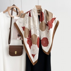 Spring and Autumn Influencer Style High-end Korean Colorblock Floral Print Silk Scarf, Fashionable Thin 90s Square Scarf for Women