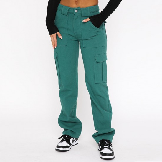 European and American Fashion Foreign Trade New Cross-Border Amazon Women's Pants: Pocket-Patterned Casual Loose Mid-Rise Jeans for Women