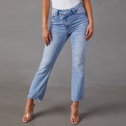 2025 European and American new cross-border foreign trade stretch straight-leg jeans for women, stylish commuter-friendly ripped washed trousers