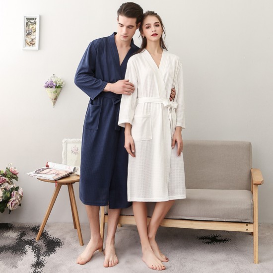 Year-End Thin Summer Waffle Bathrobe for Women Simple V-Neck Three-Quarter Sleeve Absorbent Couple's Nightgown for Spring and Autumn