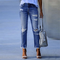 Factory direct sales: 2025 new washed ripped tassel women's jeans, European and American slim-fit stretch skinny jeans, wholesale