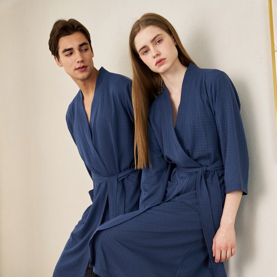 Summer thin absorbent waffle bathrobe for women, simple and sexy mid-length summer robe for men, breathable bath towel pajamas