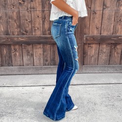 Factory direct sales: European and American cross-border Amazon independent platform new high-waisted ripped jeans for women Slightly flared casual pants