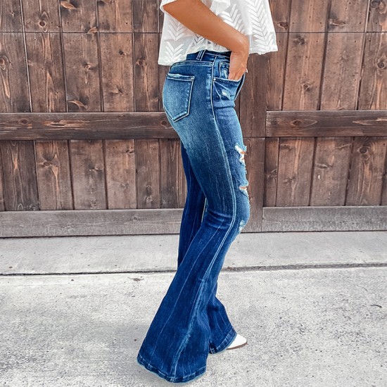 Factory direct sales: European and American cross-border Amazon independent platform new high-waisted ripped jeans for women Slightly flared casual pants Factory direct sales: European and American cross-border Amazon independent platform new high-waisted ripped jeans for women Slightly flared casual pants