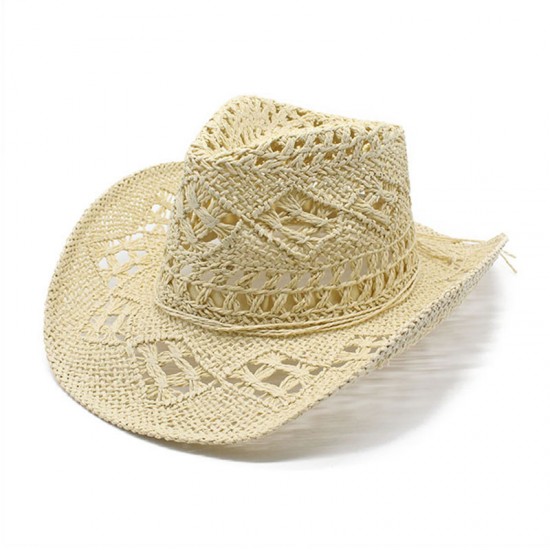 Malanhua hand-woven hollow cowboy straw hat, summer sun protection hat for men and women, Western cowboy straw hat