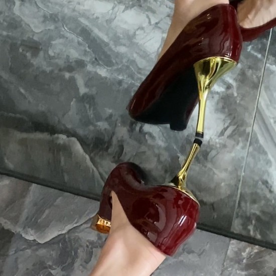 Yang Shulin's Same Style Gemstone Agate Metal Pointed Toe High Heels for Women, Burgundy Patent Leather Stiletto Shoes Yang Shulin's Same Style Gemstone Agate Metal Pointed Toe High Heels for Women, Burgundy Patent Leather Stiletto Shoes