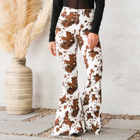 Factory Direct 2023 New European and American Women's Jeans, White Background Print, Brown High-Waisted, Flared, In-Stock Wholesale