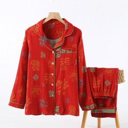 Pure cotton crepe and cotton yarn pajamas, spring and autumn long-sleeved pants, thin, all-season plus-size loungewear, soft two-piece set.