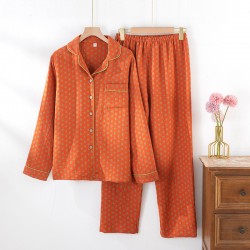 Spring and summer women's pajamas, pure cotton double-layered gauze thin long-sleeved trousers, thin, soft, loose loungewear set.
