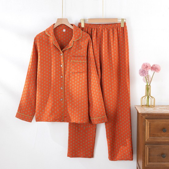 Spring and summer women's pajamas, pure cotton double-layered gauze thin long-sleeved trousers, thin, soft, loose loungewear set. Spring and summer women's pajamas, pure cotton double-layered gauze thin long-sleeved trousers, thin, soft, loose loungewear set.