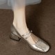 2023 spring red patent leather square-toe, block-heeled French-style retro Mary Janes for women.