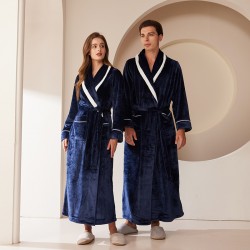 European Size Extra-Long Plush Cut Velvet Hooded Striped Couple's Nightgown, Men's and Women's Plus Size Flannel Bathrobe, Autumn/Winter