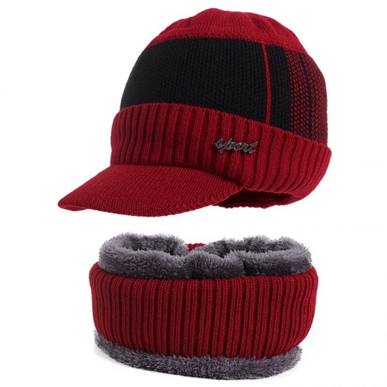 New copper label hat and scarf set, two-piece men's knitted hat, scarf with added fleece, autumn and winter warm wool hat.