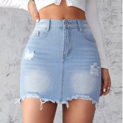European and American Cross-border 2025 Summer New Slim-Fit Ripped Denim Skirt for Women Light-Color Washed Raw-Edge A-Line Skirt
