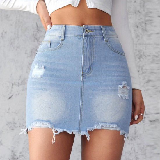 European and American Cross-border 2025 Summer New Slim-Fit Ripped Denim Skirt for Women Light-Color Washed Raw-Edge A-Line Skirt