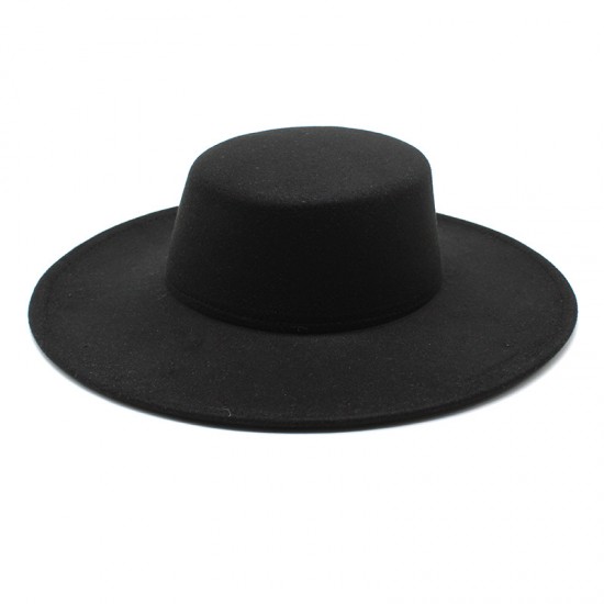 Autumn and winter new cross-border thickened men's and women's hats with 10cm brim, woolen felt flat top hats with wide brims.