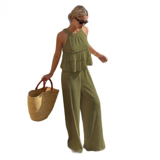 Spring and summer new style ruffled off-the-shoulder halter neck sleeveless shirt for women, fashionable elastic waist casual wide-leg pants set