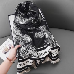 Retro, trendy, black and white jacquard landscape faux cashmere scarf, Japanese and Korean, autumn and winter women's office warm long shawl.