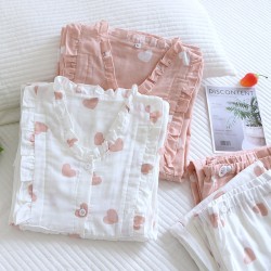 Women's padded pajamas, pure cotton double-layered gauze, V-neck, thin, long-sleeved, bra-free, spring and summer loungewear set