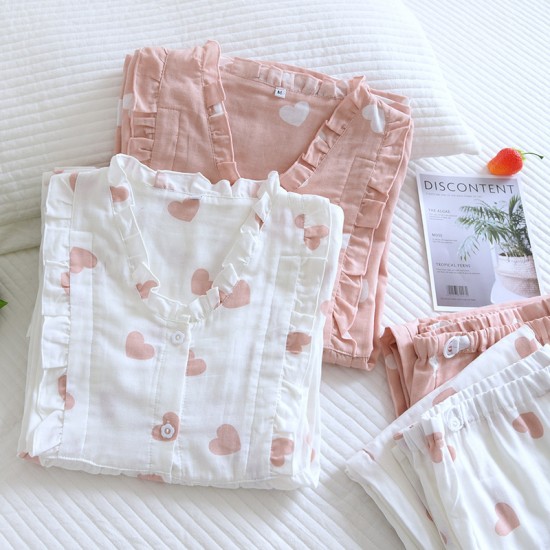 Women's padded pajamas, pure cotton double-layered gauze, V-neck, thin, long-sleeved, bra-free, spring and summer loungewear set