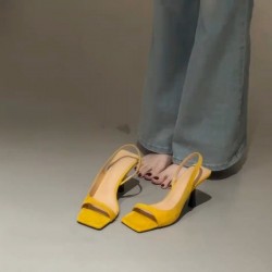 Women's square-toed, open-toe sandals, summer French-style, stiletto, slingback black high heels with skirts.