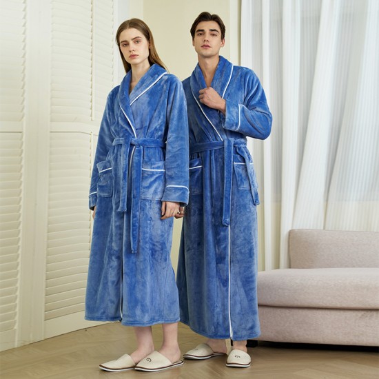 Classic European and American, simple, extra-long flannel robe for men. Autumn and Winter Thickened Plus-Sized Coral Fleece Bathrobes for Women