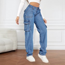 2025 New Cross-border Foreign Trade American Retro Mid-Rise Multi-Pocket Workwear Jeans for Women Casual Straight-Leg Trendy