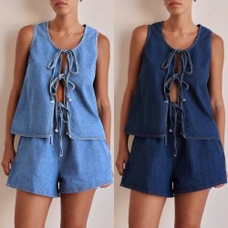 Independent cross-border European and American style summer fashion casual sleeveless tie-down high-waisted women's vest denim shorts set